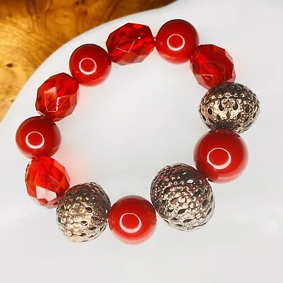 Vintage Bracelet Copper Tone Spacer Red Lucite Glass Beaded Stretch Bangle 4710 • $9.98