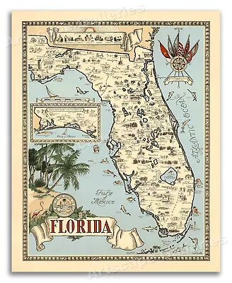 1953 State Of Florida Map - Vintage Pictorial Art Print Map - 20x24 • $16.95