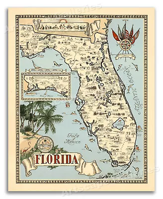 Florida State 1953 Pictorical Map - Vintage Art Print Map - 16x20 • $13.95