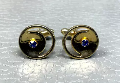 Vintage Crescent Moon Blue Stone Yellow Gold Plated Cuff Links • $19.95