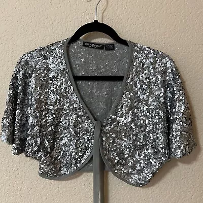 Betsey Johnson Shrug Jacket Fuchsia Silver Sequin Top Wrap Capelet  Blouse M • $29.99