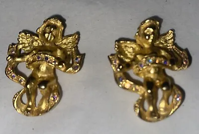 Vintage Kirks Folly Cherub Angel Cupid Post Earrings Gold Tone AB Crystals • $32