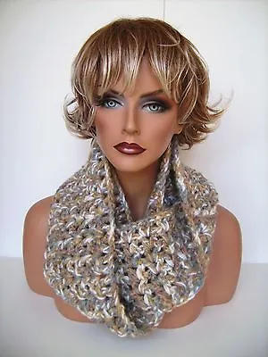 Infinity Beige Bone Gray Multi Color Hand Made Crochet Scarf Wrap Boa Shawl   • $15