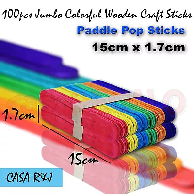 100pcs Jumbo Coloured Wooden Craft Sticks Paddle Pop Sticks 15cm X 1.7cm • $4.66