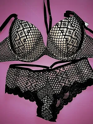 Victoria's Secret High-neck 34DD BRA SET M Strappy Panty BLACK FISHNET VERY SEXY • £86.85