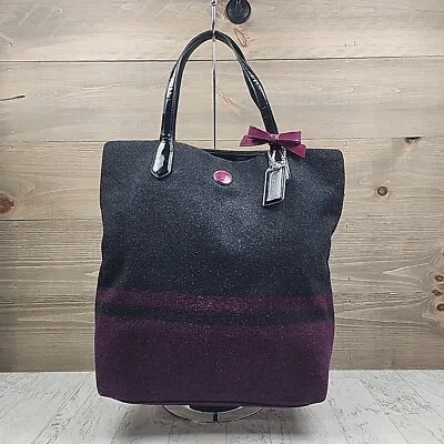 Coach Womens Hand Bag Charcoal Berry Purple Stripe Wool Tote Bag • $24.99