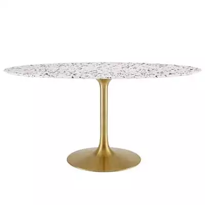 Maklaine 60  Oval Modern Terrazzo/Metal Dining Table In Gold/White • $1104.47