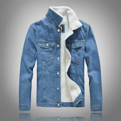 Men Fleece Lined Winter Warm Fur Collar Coat Trucker Denim Jean Jacket Outwear # • $67.34