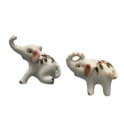 Vintage Hand Painted Miniature Porcelain Lucky Floral Elephant Figurines 2Pc Set • $12.99