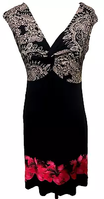 DESIGUAL Stretch DRESS Size L 12 14 Black &hibiscus Print Sleeveless Work Casual • $19.50