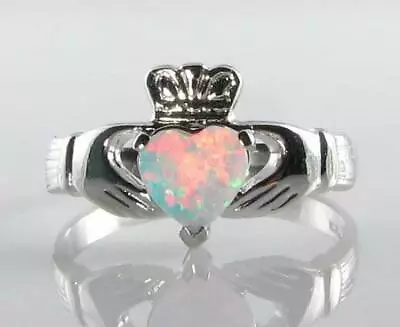 Class  9ct White Gold Claddagh Opal Heart Art Deco Ins Ring Free Sizing • $254