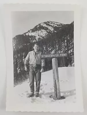 Vintage Snapshot Photograph Man Sagebrush Point Sign Montana Mountains 1953 • $5