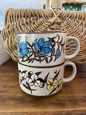 Vintage 1960s Stoneware Mugs Soup Bowls Floral Design Korea Retro Oven Safe • $8