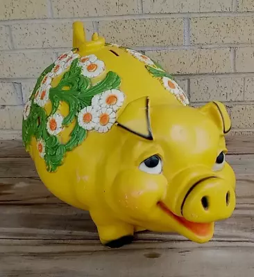 Vintage 1976 Piggy Bank Universal Statuary Large Floral Flowers Yellow 19  Pig • $66