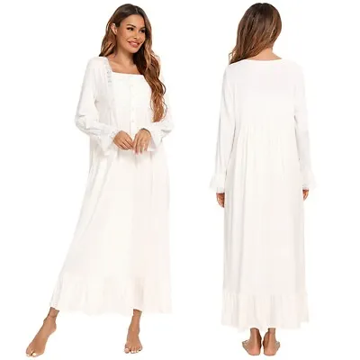 Ladies Long Nightdress Square Collar Long Sleeve White Sleepdress Autumn Pyjama • £19.91