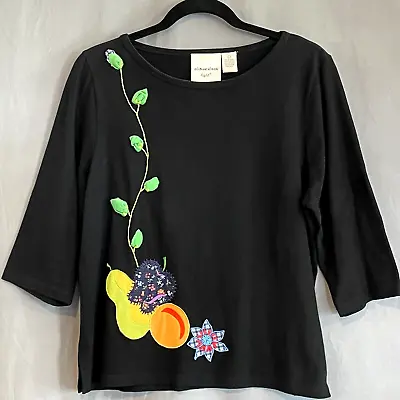 Michael Simon Light Sz L Black Knit Top Embroidered Patchwork Fruit Flower Vine • $17.95