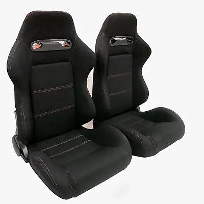 $299 • Buy Pair Of Sports Cloth Reclinable Racing Seats Black With Slider Brackets