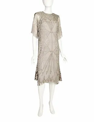 Zandra Rhodes Vintage Shell Rope Rhinestone Grey Silk Chiffon Sheer Dress • $825