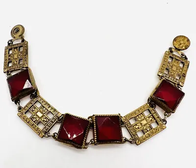 Art Deco Snap Clasp Faceted Red Glass Bracelet Ornate Vintage Antique Jewelry • $99.99