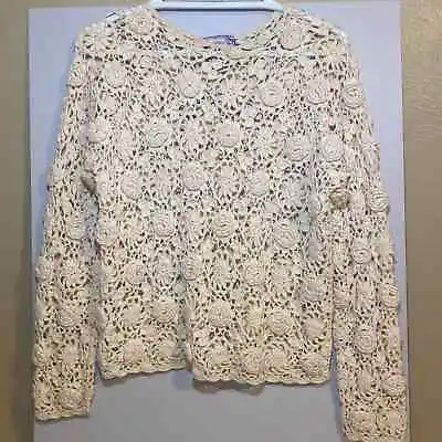 Vintage Elizabeth Jordan Ivory Crochet Sweater/Floral Size Small • $45