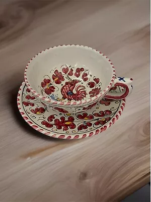 Vintage P.V. Italy Orvieto Red Rooster Pottery Cup And Saucer Set • $65
