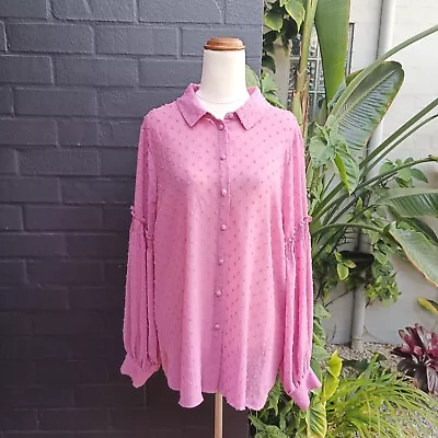 Decjuba Sz 14 Dusty Pink Button Up Collared Semi Sheer Long Sleeve Shirt • $17.95