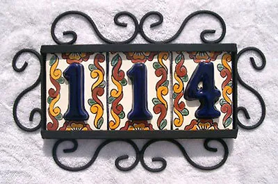 3 Mexican BLUE House Numbers Tiles With HORIZONTAL Iron Frame  • $42