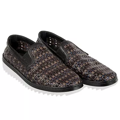 DOLCE & GABBANA Woven Leather Loafer Moccasins Shoes Black Brown 39 13712 • £257