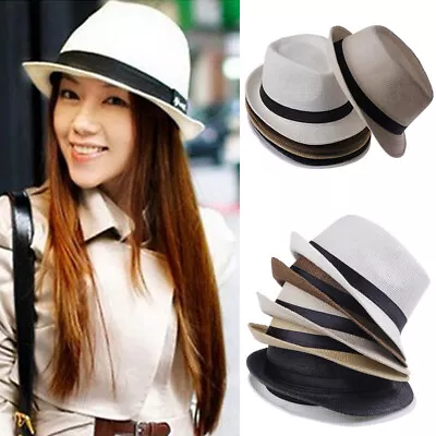 Unisex Straw Fedora Panama Hat Summer Sun Short Brim Floral Trilby Cuban Cap ♡ • $12.71