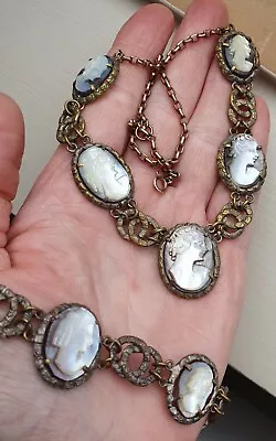 £45 • Buy Vintage Carved Shell Abelone Multi Cameo Necklace And Bracelet Set.