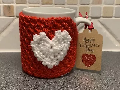 £2.49 • Buy Hand Knitted Red Mug Cosy With Pretty White Crochet Heart. Valentine’s Day Gift?