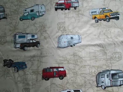 Retro Trailers Campers Rvs Vw Bus Motorhomes Route 66 Map Cotton Fabric Fq  • $3.99