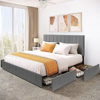 King Size Upholstered Platform Bed Frame W/ Adjustable Headboard+Storage Drawers • $235.64