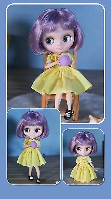 Blythe Doll 8  BJD Middle With Set - Dress + Shoes Purple Hair Matte Face & Gift • $56.52