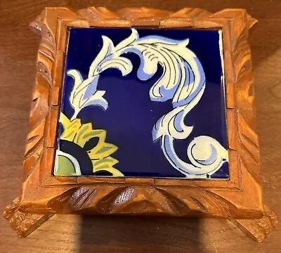 Nice MEXICAN TILE TRIVET Handcarved Wood Frame & Handpainted Tile • $7.95