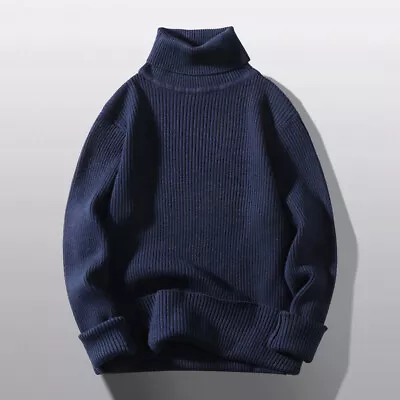 Mens Plain Turtleneck Knitted Sweater Pullover Winter Warm Jumper Knitwear T Ⓢ • $19.62