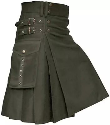 Men’s Olive Green Utility Kilt Fashion Cargo Pocket Cotton Utility Kilt • £35