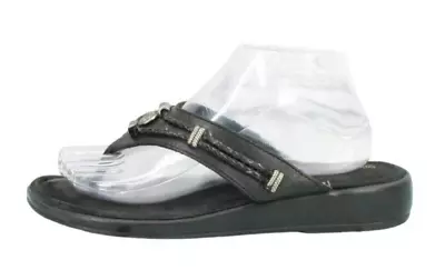 Minnetonka Women's Black Leather Slip On Braided Flip Flop Thong Sandals Size 9 • $28