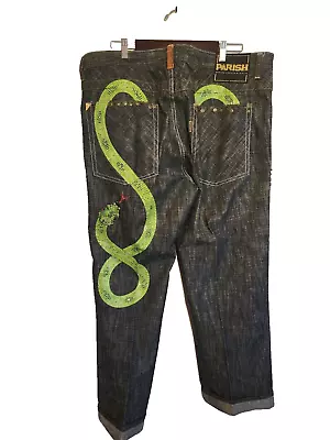 Parish Mens Jeans 44X32 Dark Wash Denim Wide Leg Rare Snake Hip Hop Y2K Vintage • $80