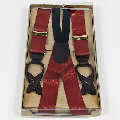 NEW Vintage Cole Haan Button Suspenders Braces RED Leather Brown Adjustable BOX • $44.95