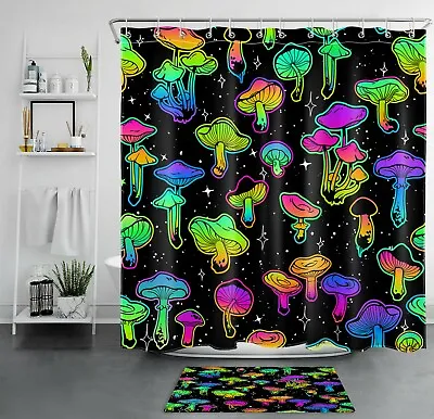 Colourful Mushroom Shower Curtain Black White Star Bathroom Accessories Set • $10.99