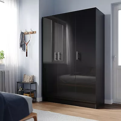 Black Gloss 3 Door Triple Wardrobe With Hanging Rail & Shelves Storage Cupboard • £215.99