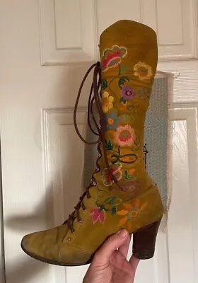 Jerry Edouard Boots Vintage 60s 70s Brown Floral Embroidered Gogo Penny Lane  • $950