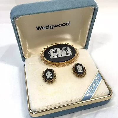 VTG Wedgwood Van Dell 12k GF Jewelry Set Black Cameo Brooch Earrings Filigree • $89.95