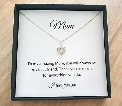 Mum CZ Heart Necklace 925 Sterling Silver Jewellery Gift For Women • £21.99