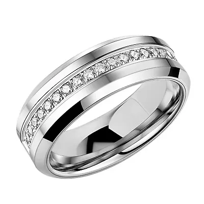 Mens Tungsten Ring Cubic Zirconia Comfort Fit Wedding Band Promise Rings For Him • $35.99