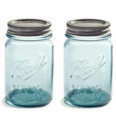 TWO Collector's Edition - Pint 16oz. Vintage Aqua Blue BALL  Perfect Mason  Jars • $28