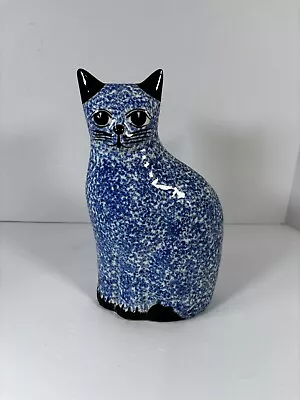 Vintage Blue Spongeware Sitting Cat Speckled Stippled Black Ears NS Gustin • $39.99