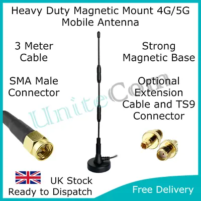 £32.95 • Buy Heavy Duty High Gain 4G 5G Booster Whip Antenna Magnetic Mount SMA TS9 External