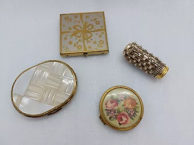 Vintage Lot Gold Tone Metal Compact & Lipstick Mother Of Pearl Luyna Wadsworth • $16.10